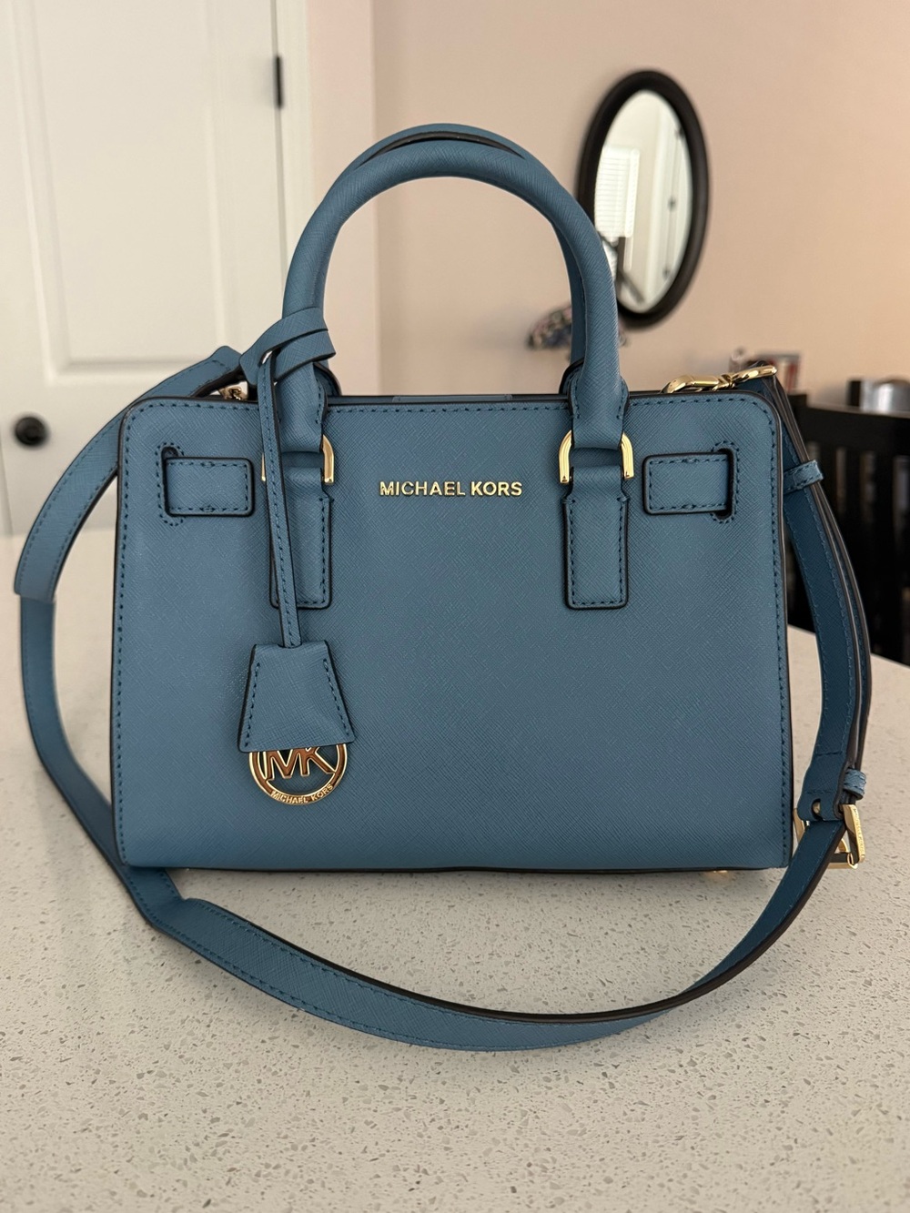 Michael Kors Dusty Blue Saffiano Leather Satchel with Gold Hardware